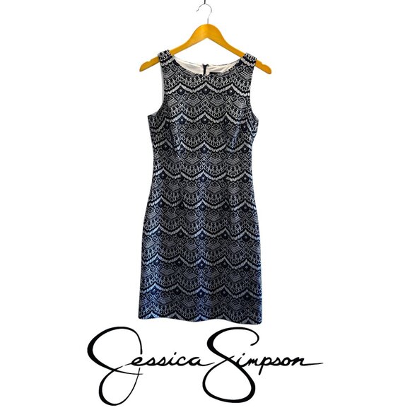 Jessica Simpson Navy Lace on White Sheath Cocktail Formal Dress - Picture 2 of 7